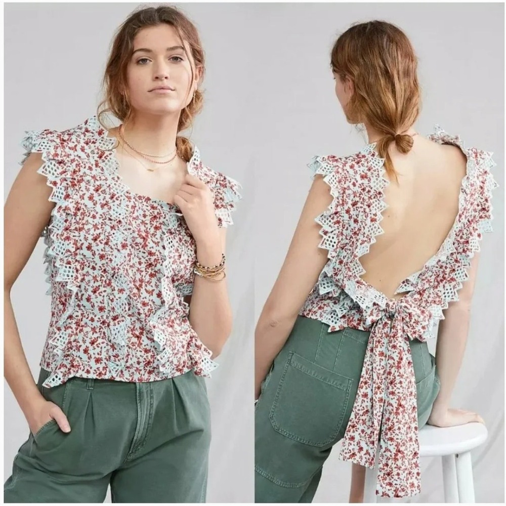 Blue Tassel Floral Eyelet Ruffle Open Back Tie Top Red Blue Small